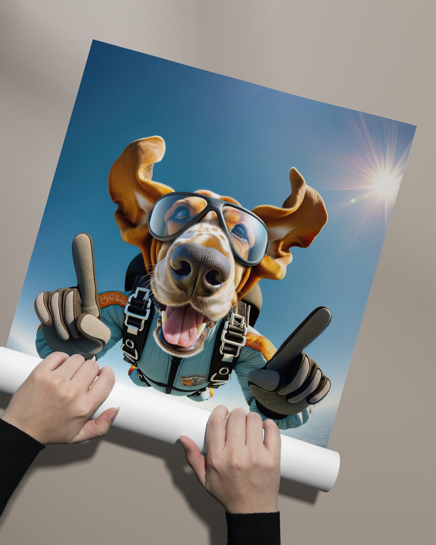 Epic Skydiving Basset Hound Poster - Unique Dog Lover Gift - Extreme Sport Animal Wall Art Decor