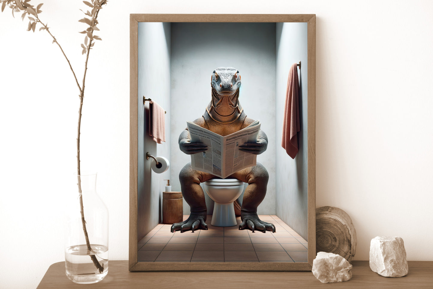 Poster Dragon de Komodo lisant le journal - Déco humoristique pour toilettes, Cadeau original salle de bain, Art mural fun