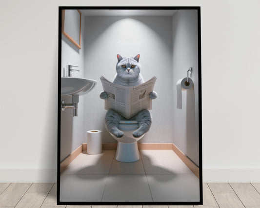 Affiche Murale Humour Chat British Shorthair sur Toilettes - Déco WC et Salle de Bain, Cadeau Original