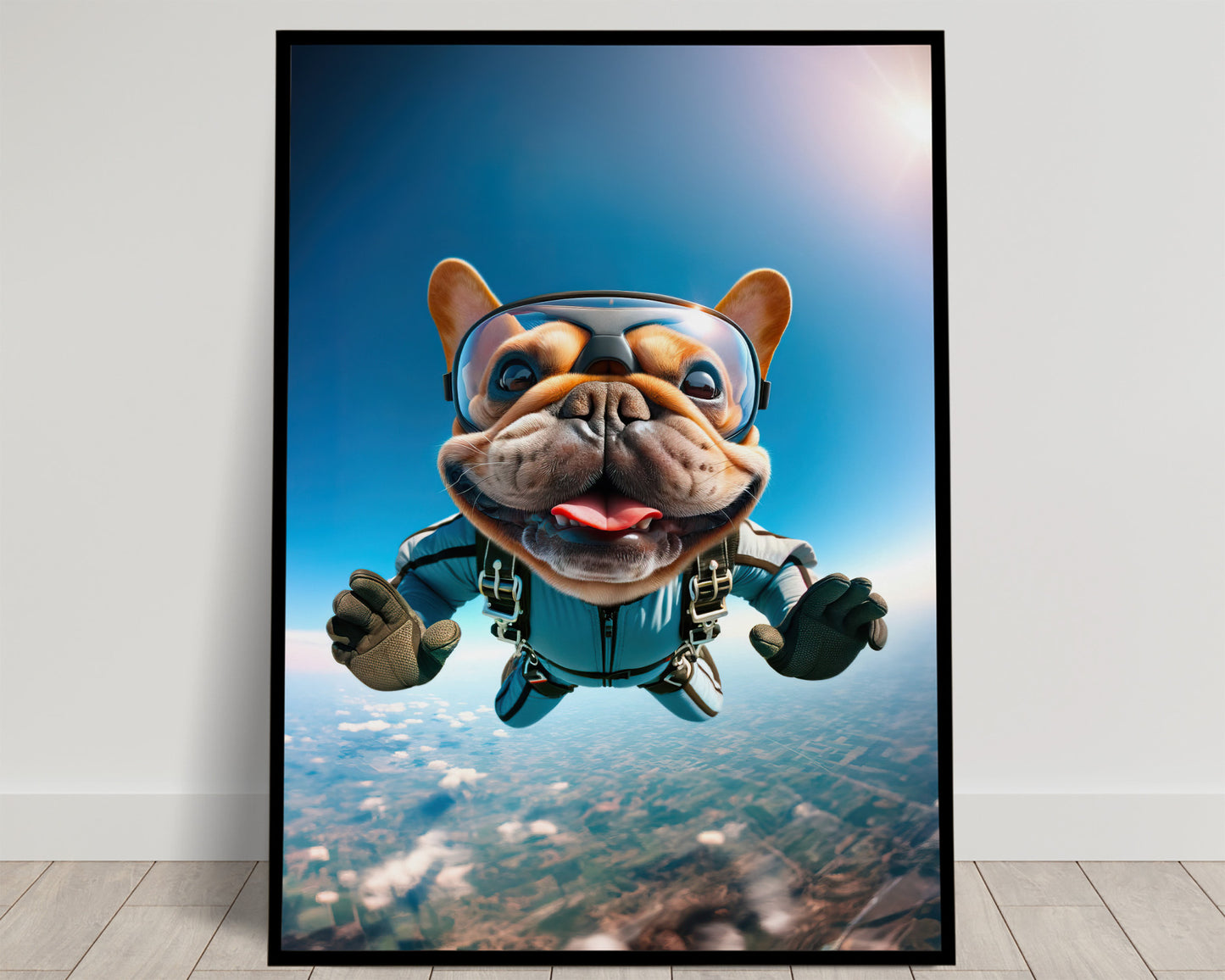 Affiche Murale de Bouledogue Français en Parachute - Poster Chien Skydiving, Décor Sport Extrême, Idée Cadeau