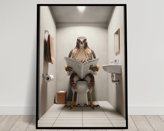 Funny Hawk Reading Newspaper Poster – Unique Bathroom Decor Wall Art, Perfect Gag Gift for Toilet or WC