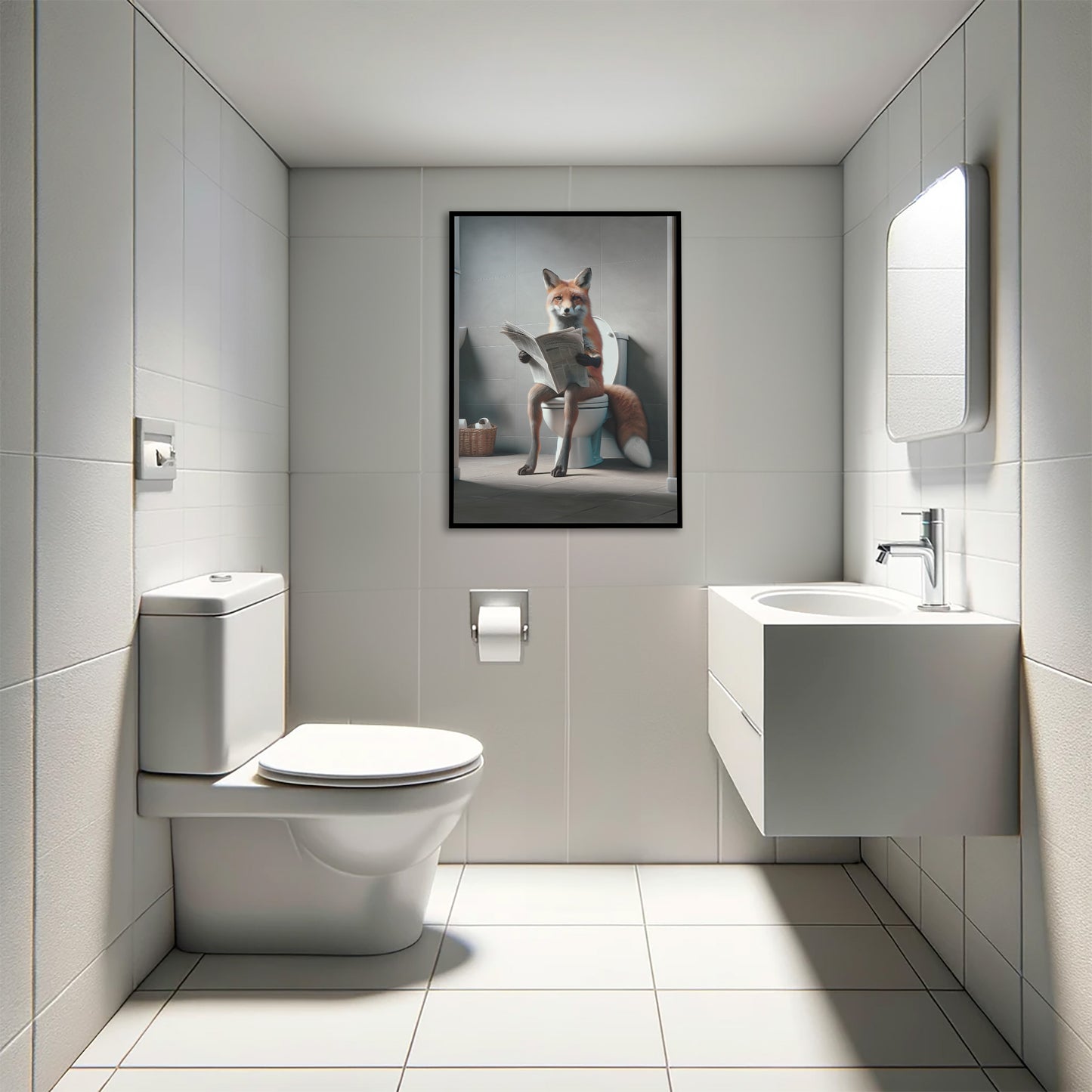 Funny Fox on Toilet Reading Newspaper Poster - Unique Bathroom Wall Art, Humorous WC Decor, Gag Gift