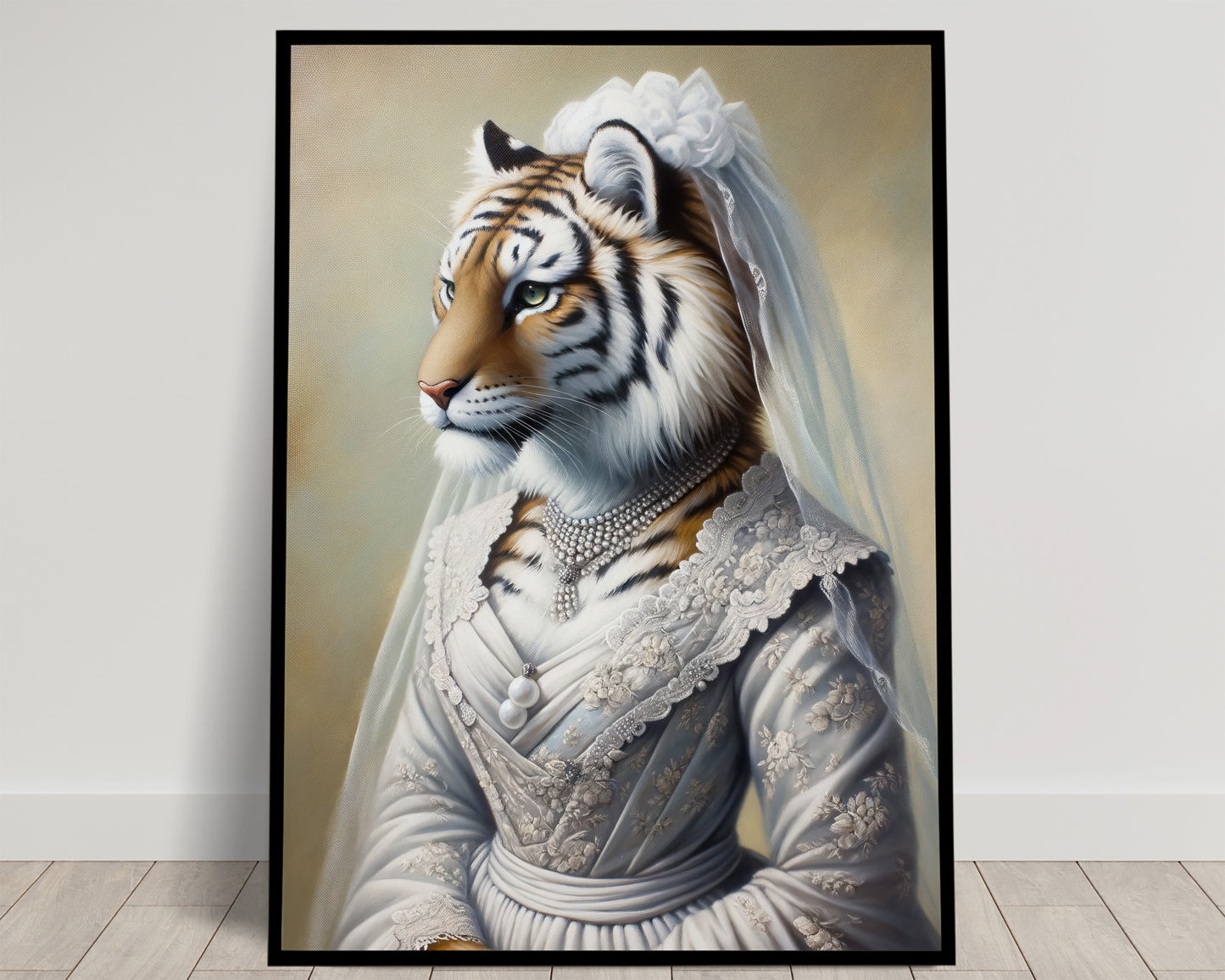 "Tigress in Wedding Dress Poster – Unique Animal Wall Art, Fun Bridal Décor, Ideal Gift, Framed or Unframed"