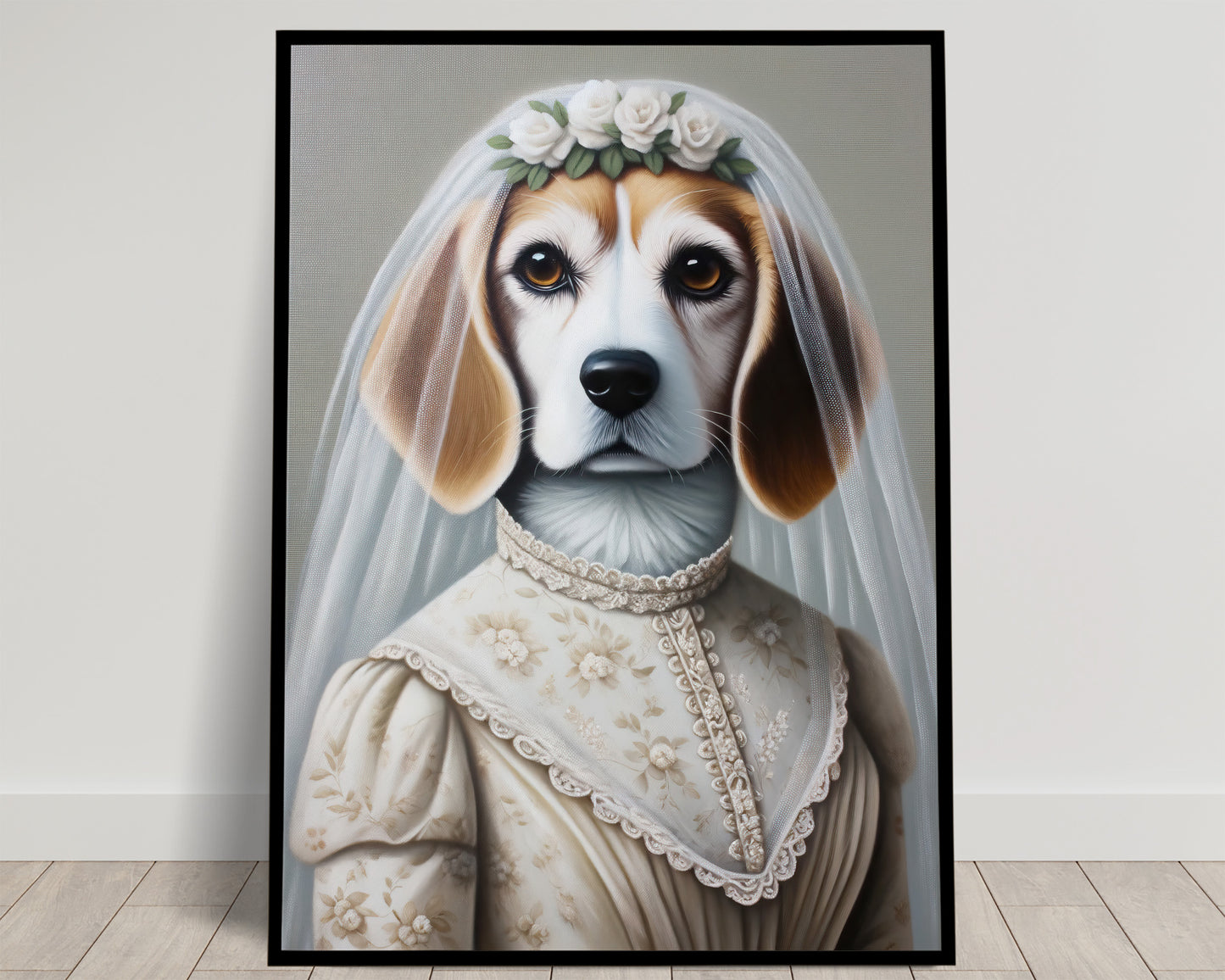 Portrait de Beagle en Mariée, Poster Déco Murale Animaux, Affiche Beagle Mariage, Cadre Humoristique