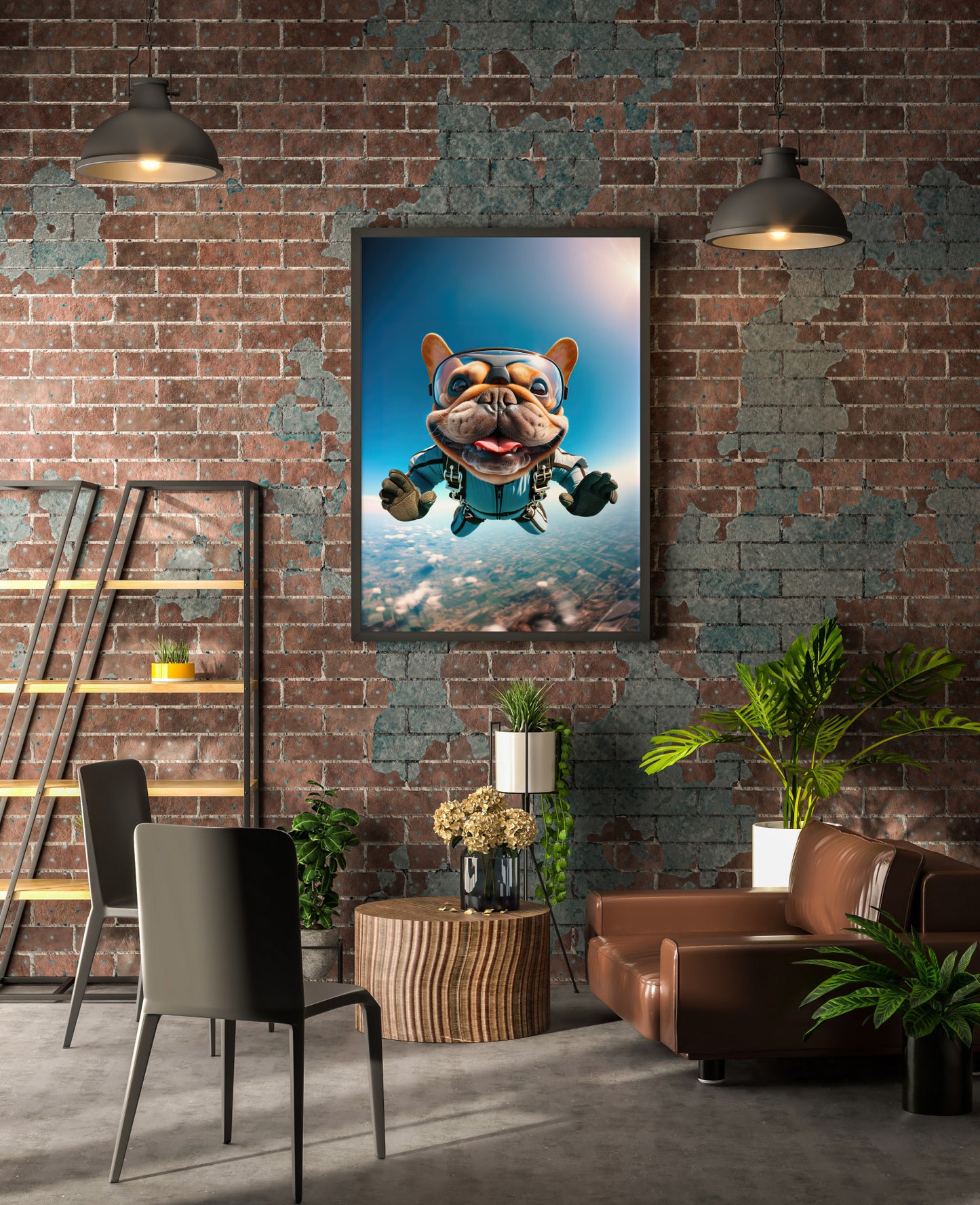 Affiche Murale de Bouledogue Français en Parachute - Poster Chien Skydiving, Décor Sport Extrême, Idée Cadeau