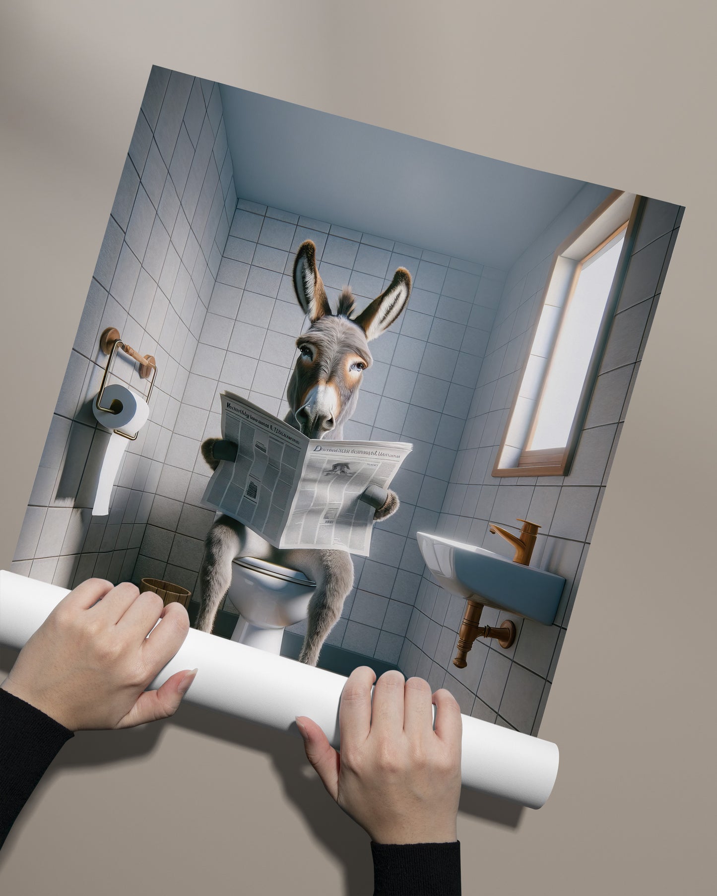 Funny Donkey Reading Newspaper Poster - Unique Bathroom Decor, WC Wall Art, Perfect Funny Gift