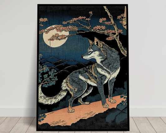 Affiche Poster Loup et Lune, Art Japonais, Décoration Murale, Affiche Niponne à Encadrer, Poster Animal