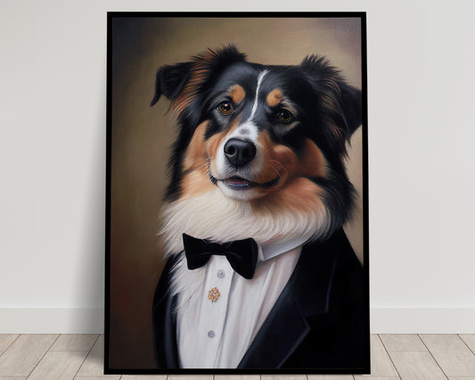 Poster Chien Chic - Portrait Berger Australien en Smoking, Tableau Humour, Décoration Murale