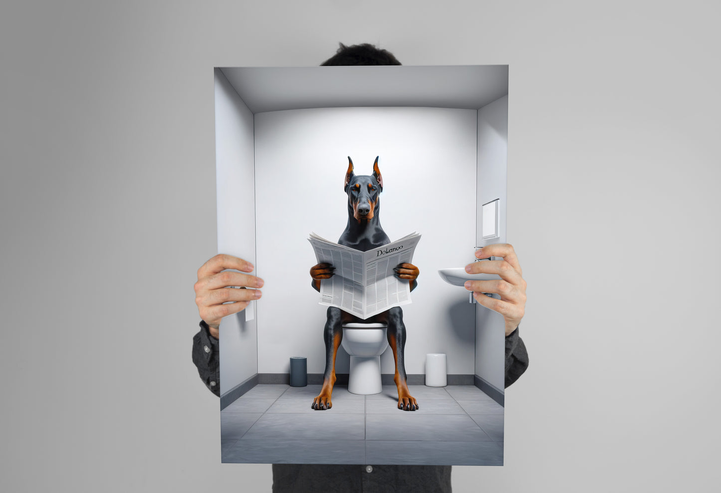 Funny Doberman Reading Newspaper Poster - Unique Bathroom Wall Art for WC - Hilarious Toilet Decor - Great Gift Idea