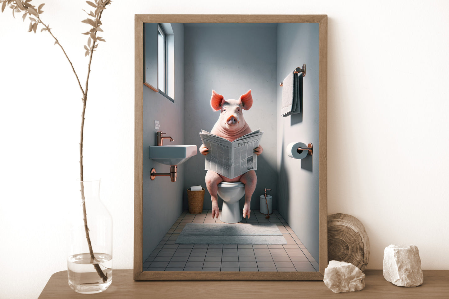 Poster Cochon Lisant Journal sur Toilettes - Décoration Humour WC - Cadre Salle de Bain - Cadeau Fun Amusant