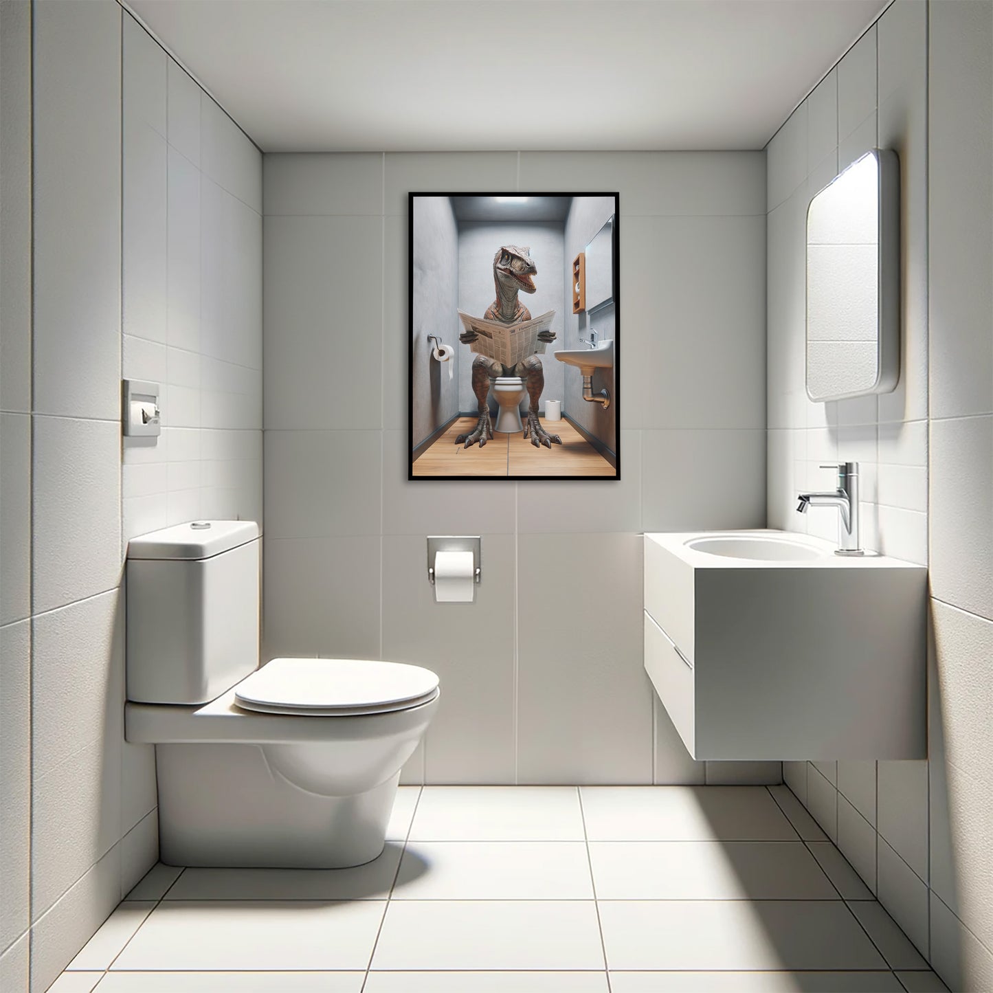 Velociraptor Reading Newspaper Toilet Poster – Funny Bathroom Wall Art Décor, Unique Gag Gift