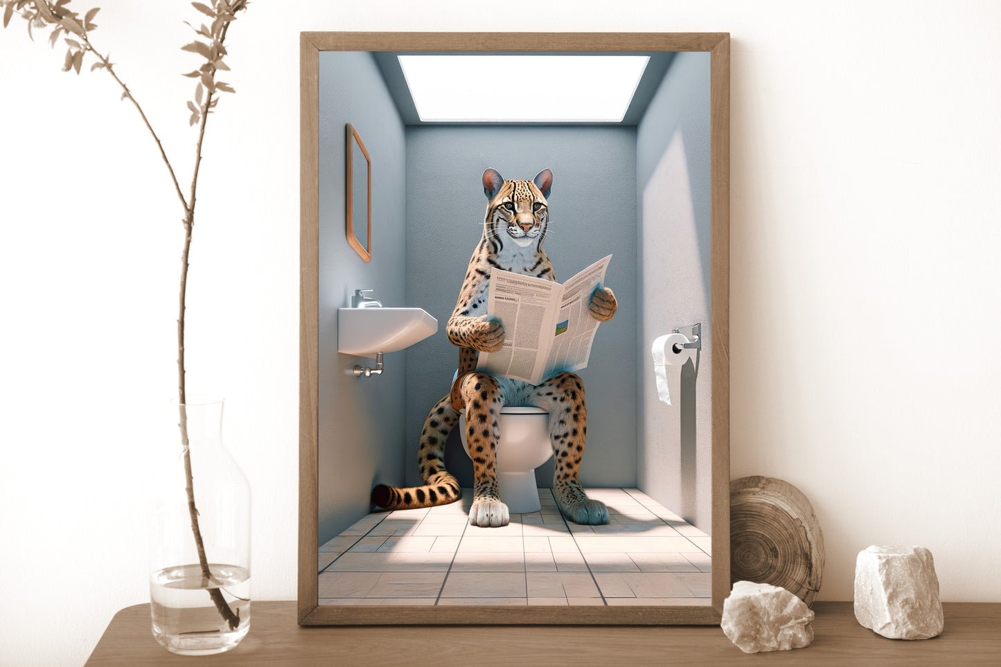 Poster Humour Ocelot sur Toilettes, Décoration WC Unique, Cadre Salle de Bain, Idée Cadeau Amusante, Art Mural Original