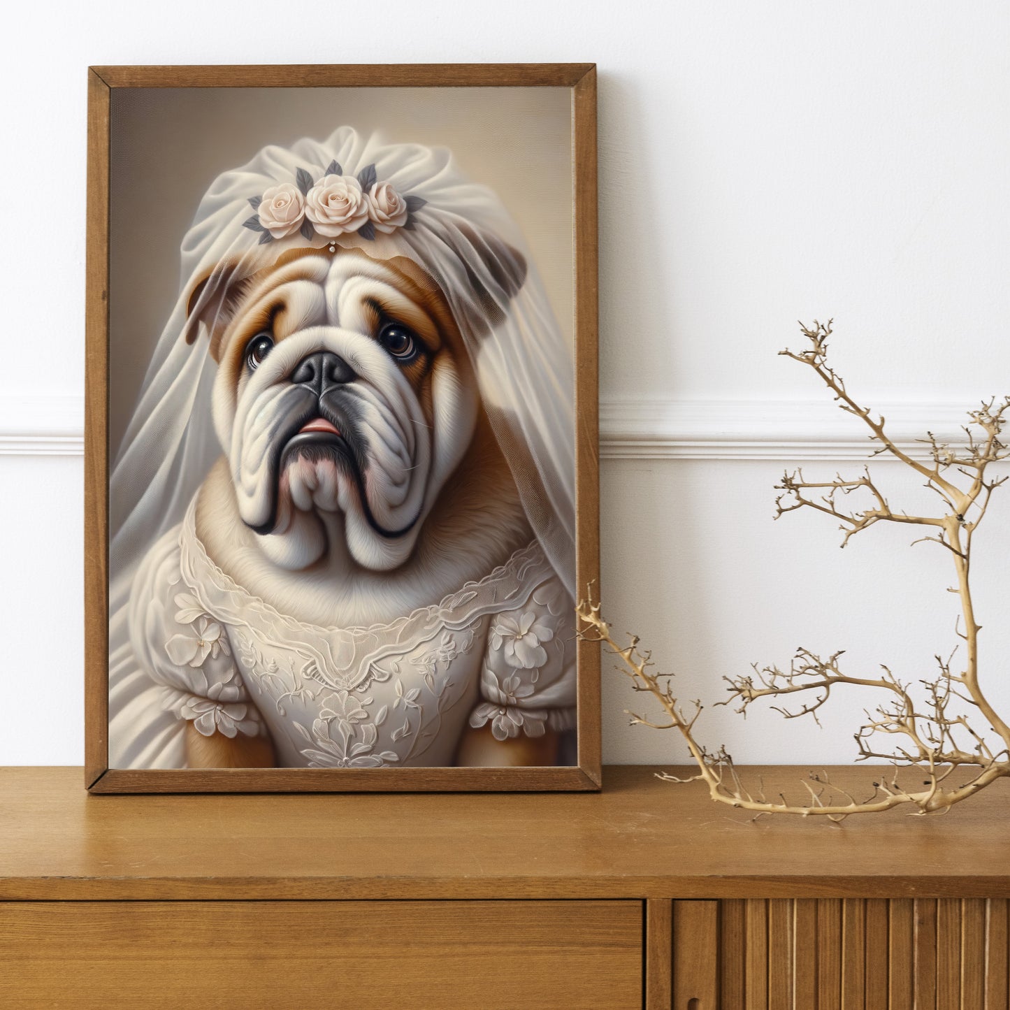 "English Bulldog Portrait in Wedding Dress - Funny Animal Wall Art Poster - Unique Dog-Themed Home Decor Gift"