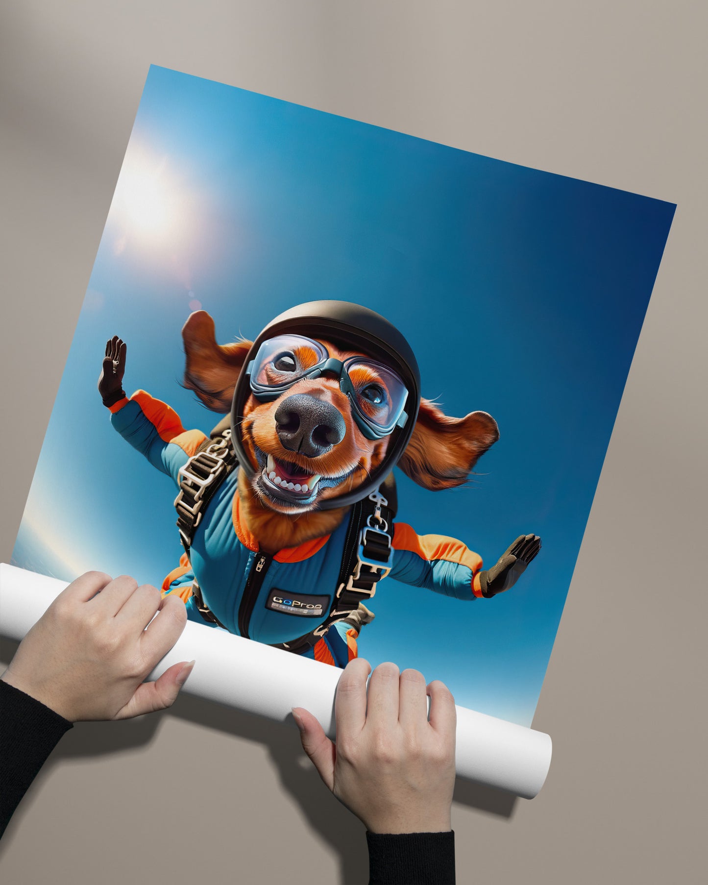 Affiche Murale Teckel en Parachute - Poster Chien Skydiving - Décor Sport Extrême - Idée Cadeau Unique