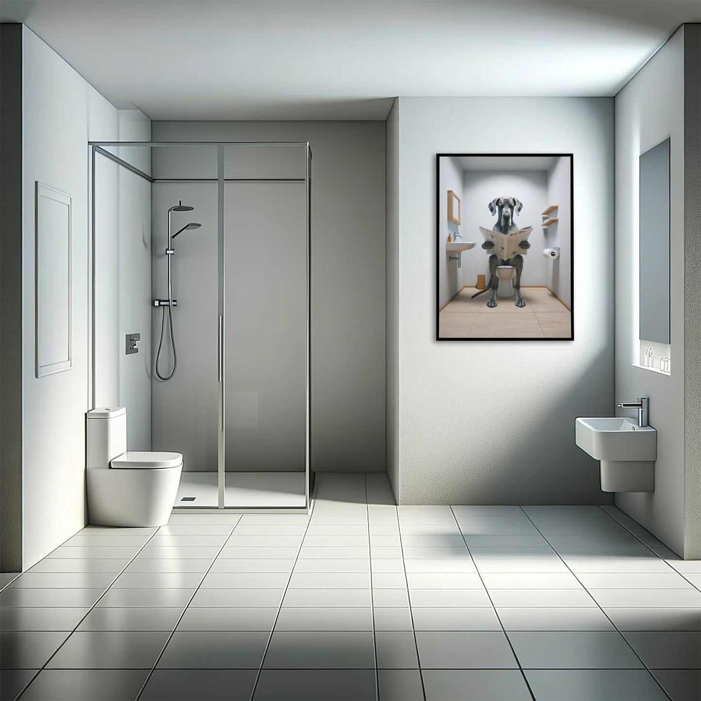 Poster Humour Dogue Allemand lisant le journal, Décoration WC Salle de Bain, Cadeau Fun et Original