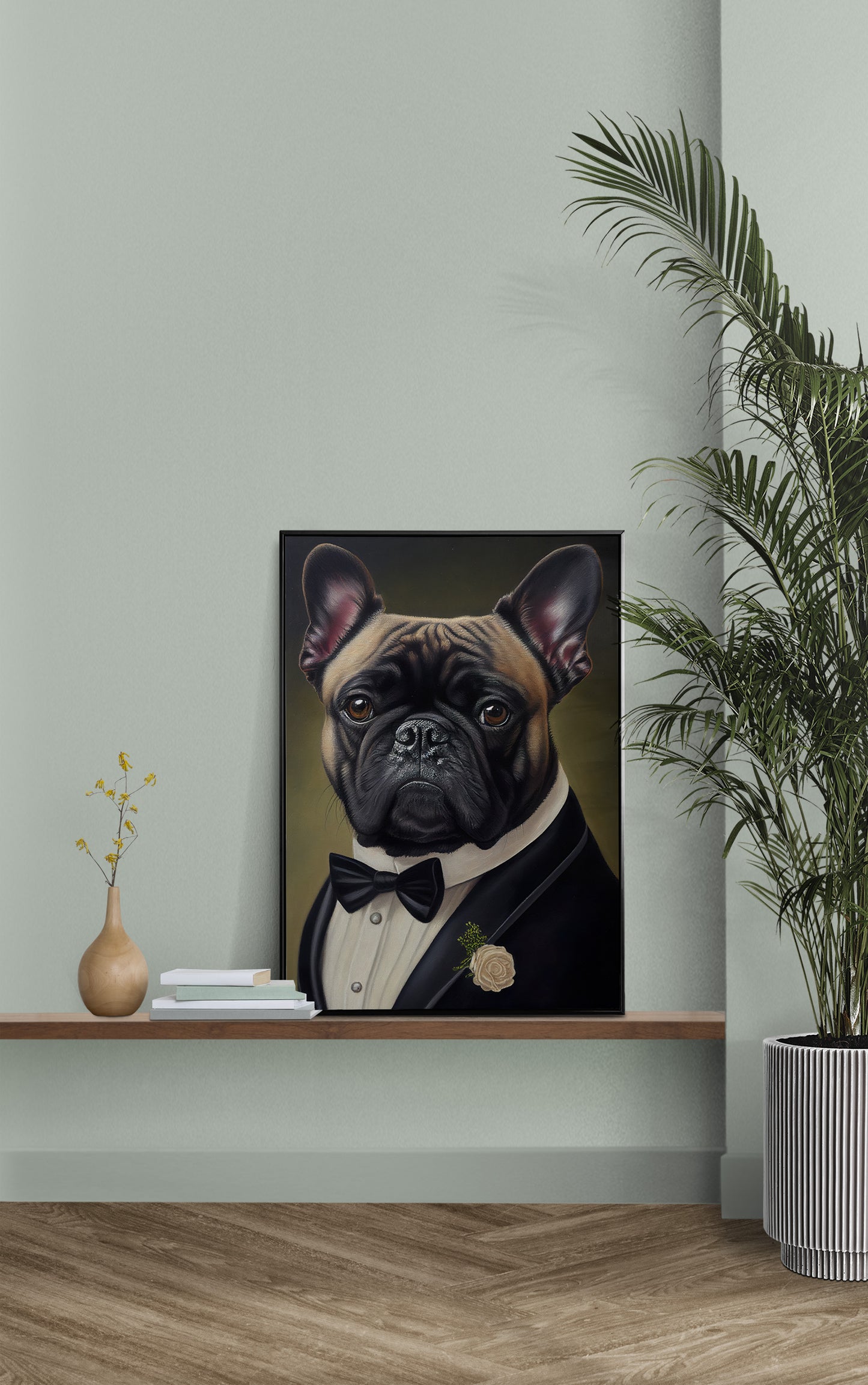 Poster chien chic - Portrait Bulldog français en smoking et tuxedo, Impression murale humoristique, Tableau déco murale