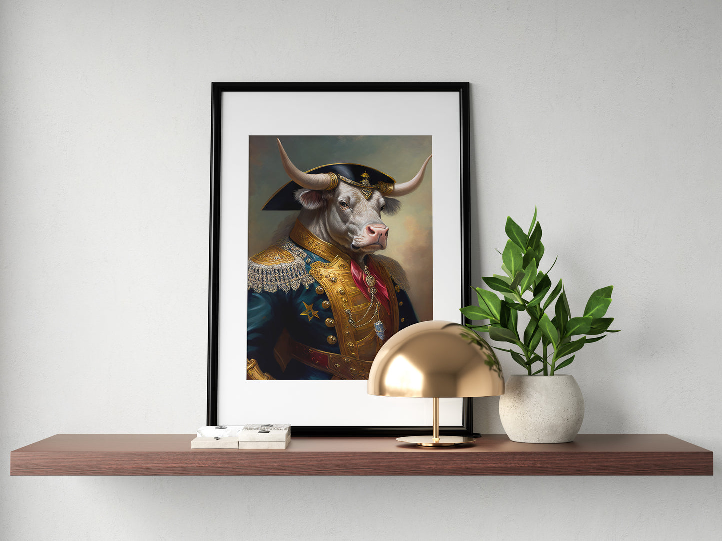 Bull Poster in Military Uniform | Animal Wall Art Decoration | Unique Bull Portrait Poster