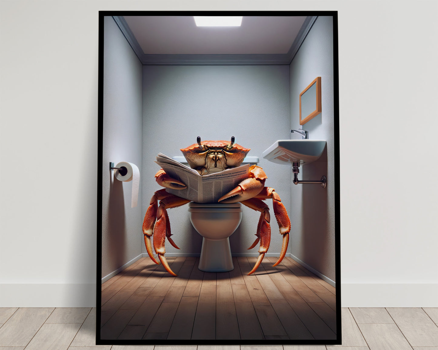 Poster Crabe lisant le journal sur les toilettes - Décoration Humour WC, Affiche Salle de Bain, Idée Cadeau Amusante