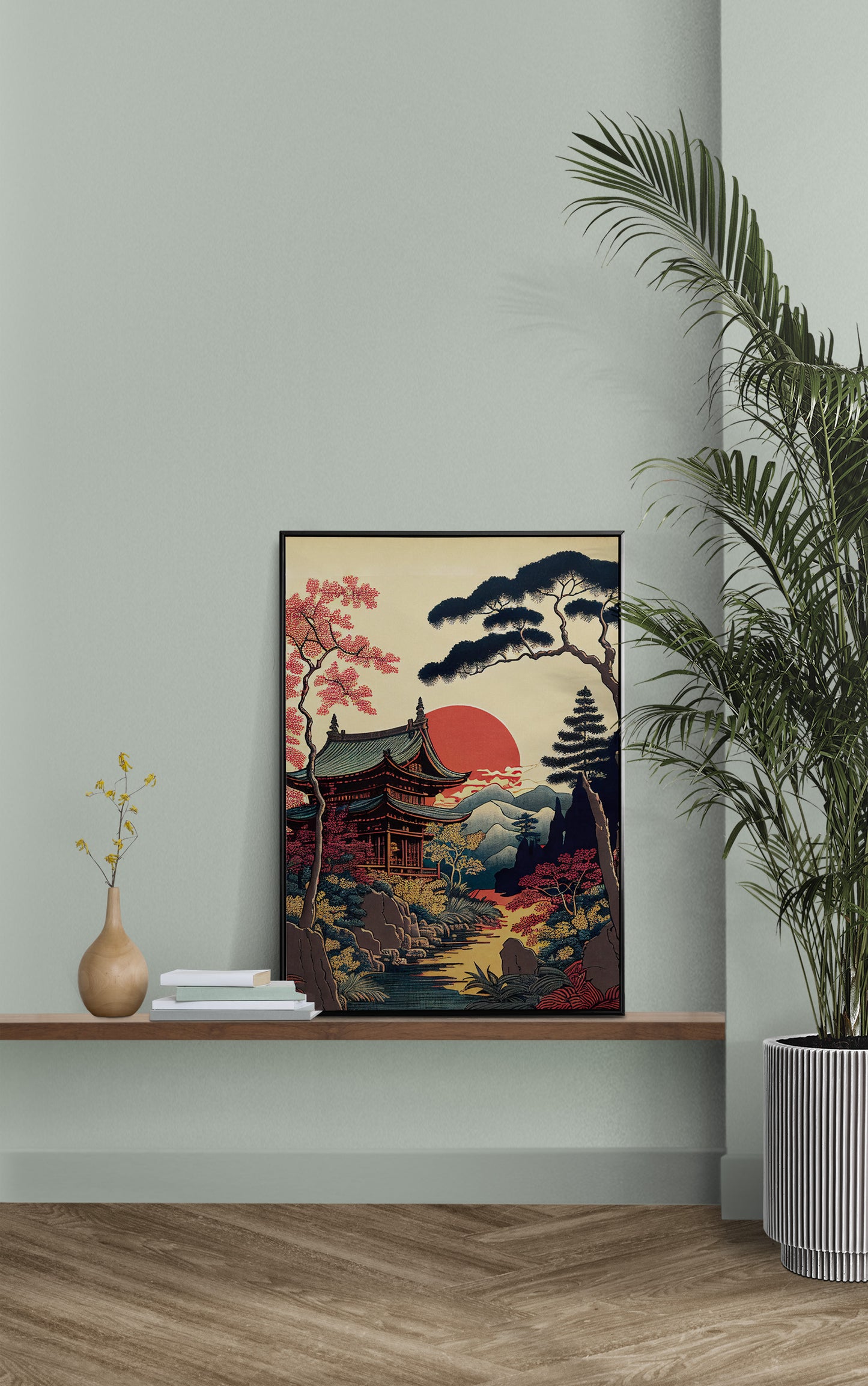 Japanese Temple Poster - Rural Landscape Wall Art, Japanese Style Illustration, Frameable Decor