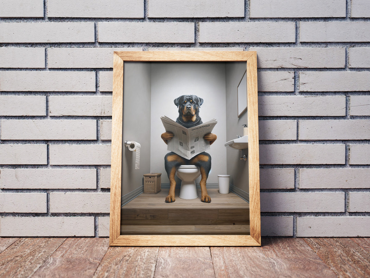 Rottweiler on Toilet Reading Newspaper Poster - Fun Bathroom Wall Art, Unique WC Decor, Humorous Gift