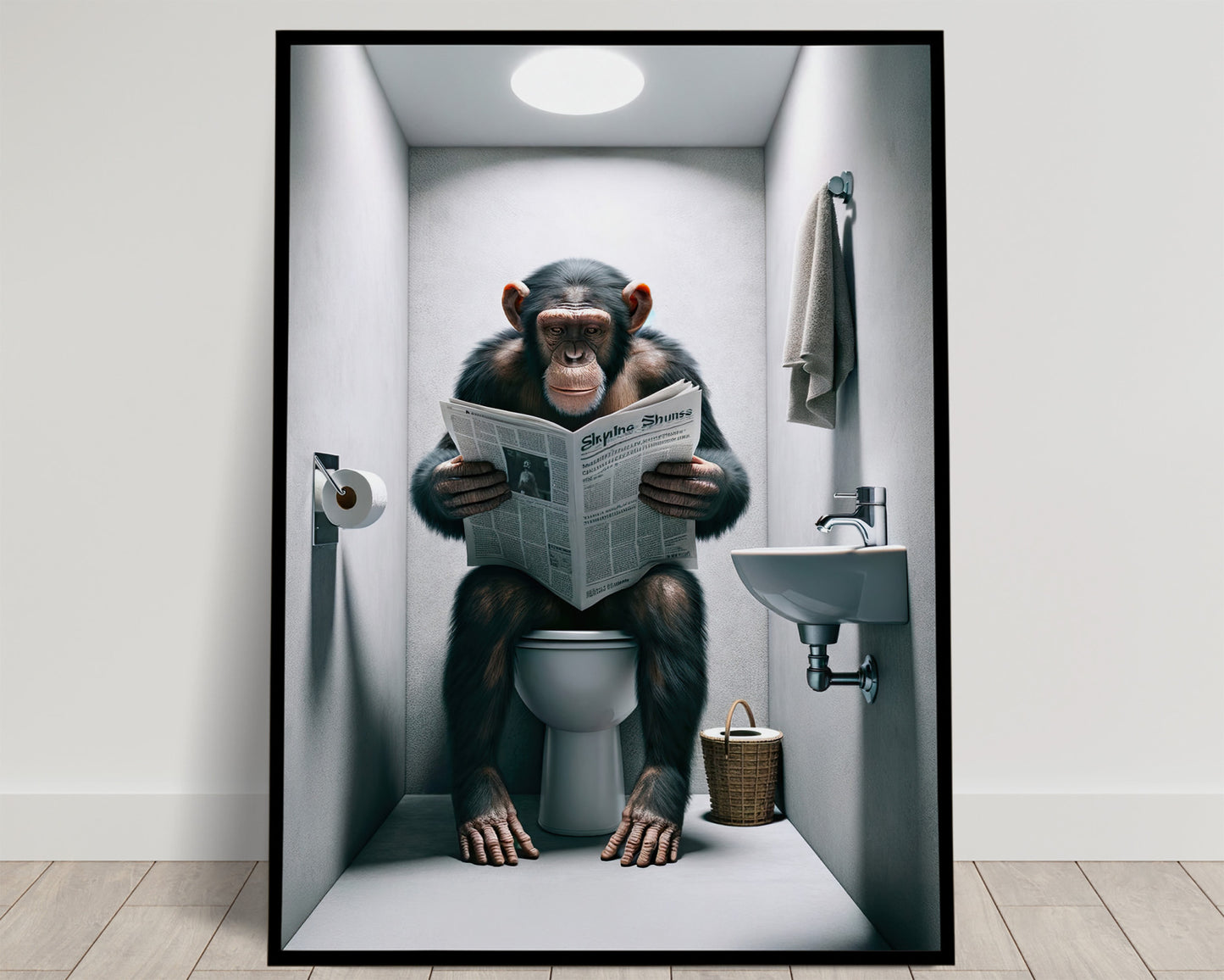 Chimpanzee Reading Newspaper Poster - Funny Bathroom Decor, WC Wall Art, Unique Gag Gift