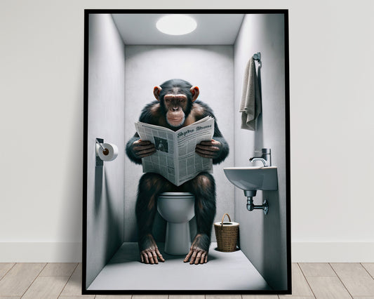 Poster Chimpanzé lisant le journal, Décoration Humour WC, Cadre Art Salle de bain, Idée Cadeau Amusante