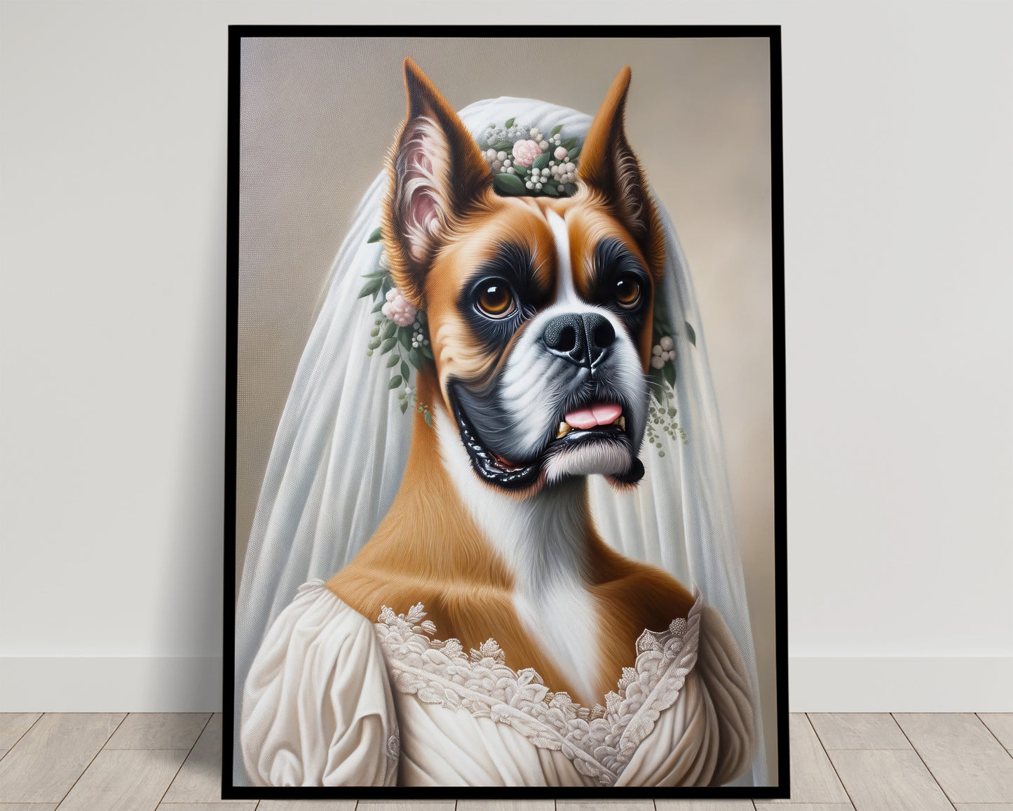 "Funny Boxer Dog in Wedding Dress Poster – Unique Animal Wall Art Decor – Bride Themed Gift"