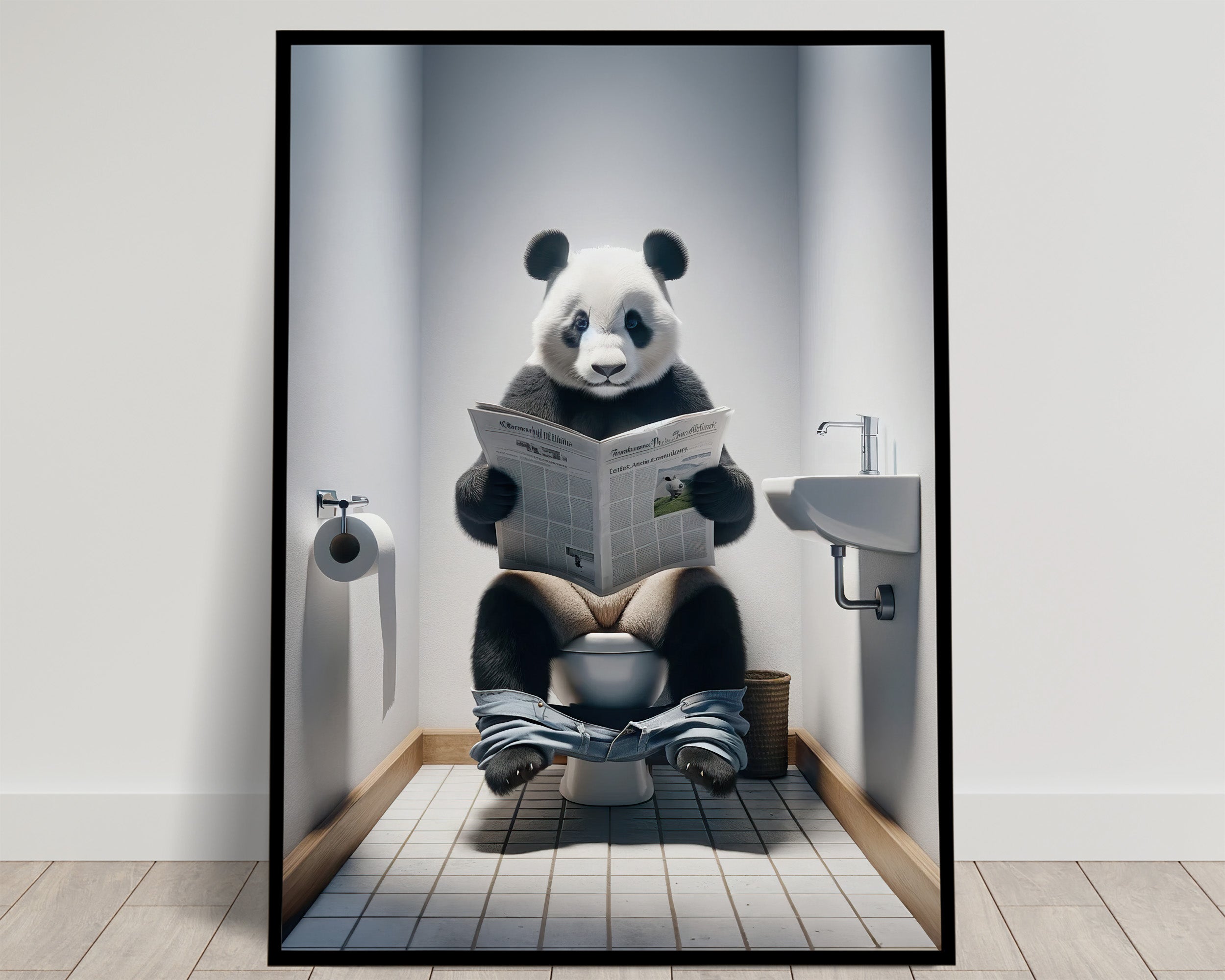 Photograph of a Panda reading the newspaper on the Toilet, Funny Bathroom  Decor, Bathroom Wall Art, WC Toilet Poster, Unique Funny Gift