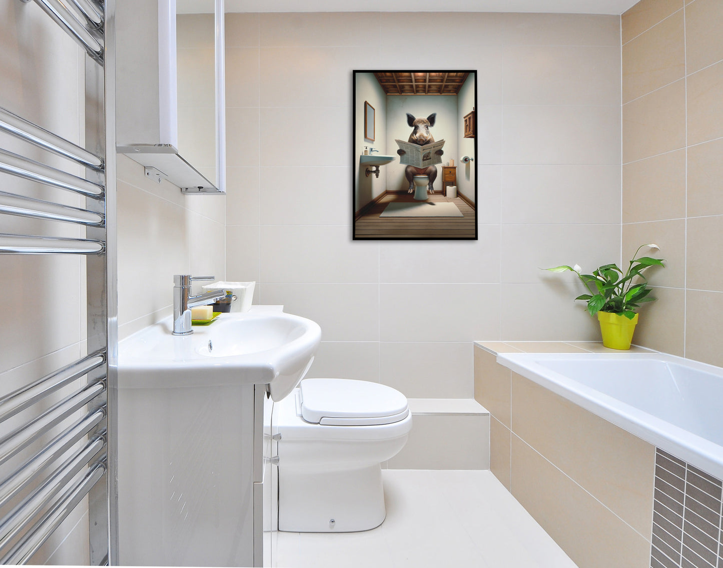 Quirky Boar Reading Newspaper Bathroom Wall Art - Funny WC Toilet Poster & Unique Gag Gift Decor