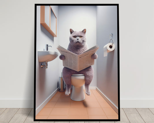 Affiche Murale Chat British Shorthair Lilas sur Toilettes - Décoration Amusante pour WC & Salle de Bain, Idée Cadeau Originale