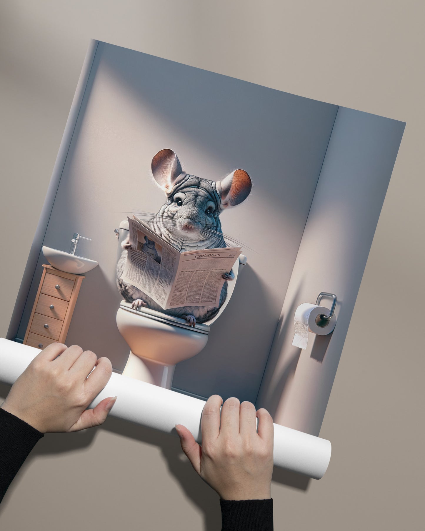 Poster Chinchilla lisant le journal aux toilettes, Décoration Humour WC, Salle de bain, Cadeau Fun, Art mural Toilettes