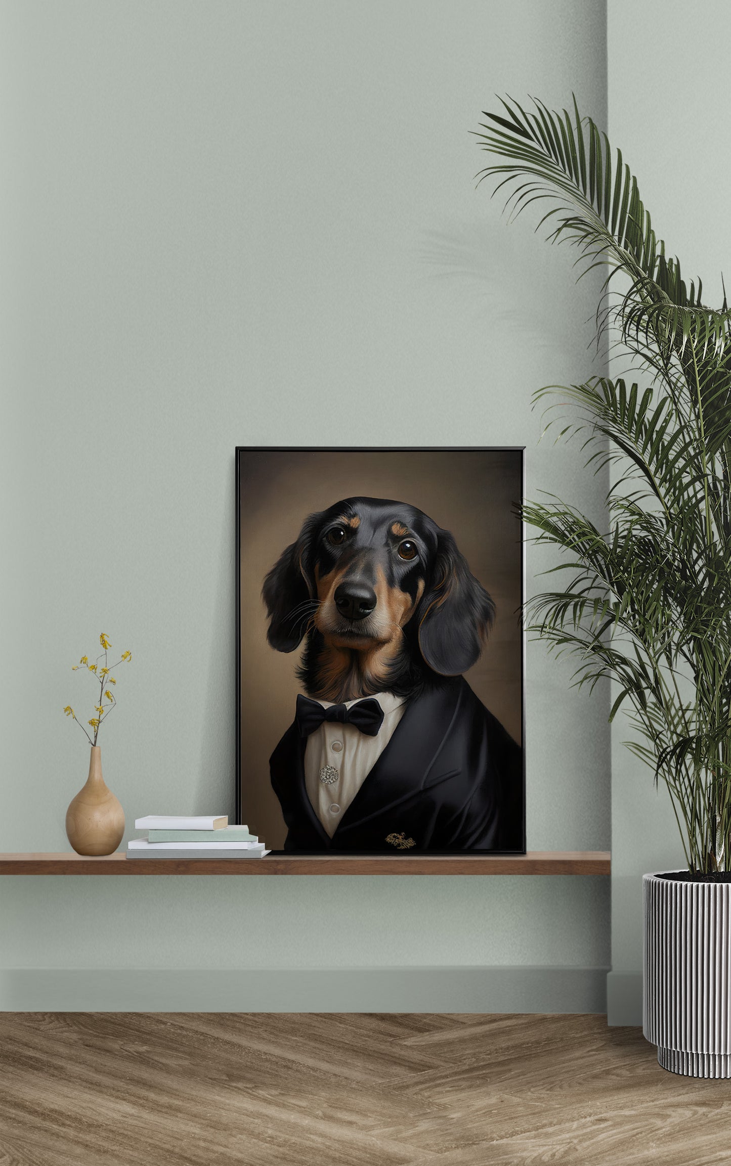 Poster Portrait Teckel en Smoking - Impression Murale Tuxedo - Art Mural Chien Chic et Humoristique