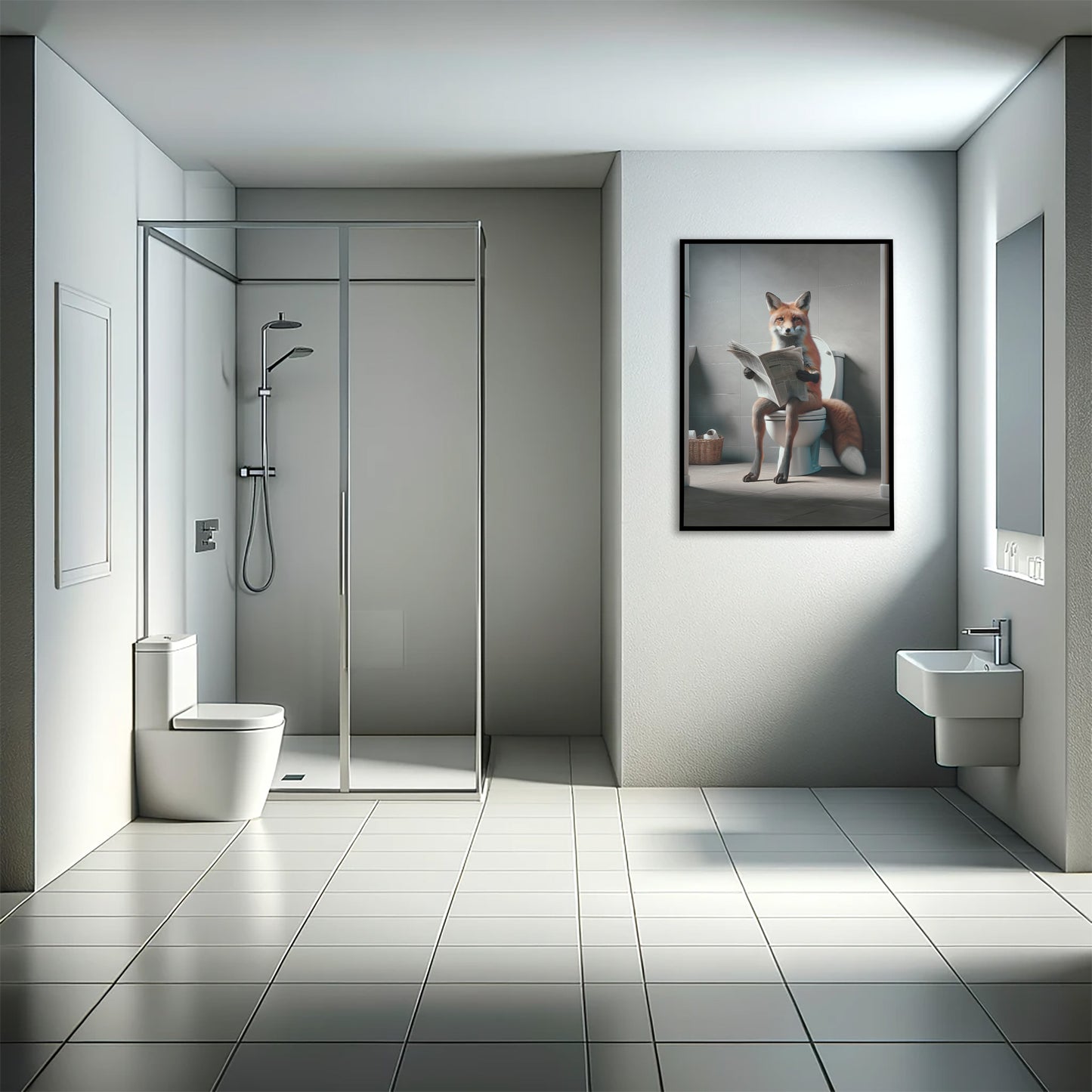 Funny Fox on Toilet Reading Newspaper Poster - Unique Bathroom Wall Art, Humorous WC Decor, Gag Gift