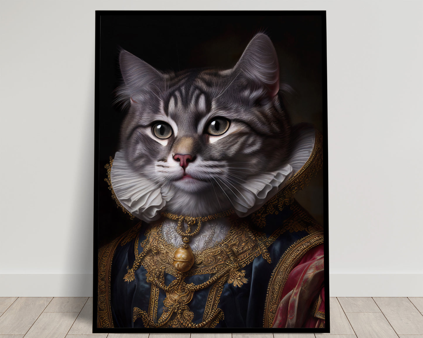 Poster à encadrer : Chat gris noble style baroque, Décoration murale féline, Affiche artistique d'animaux