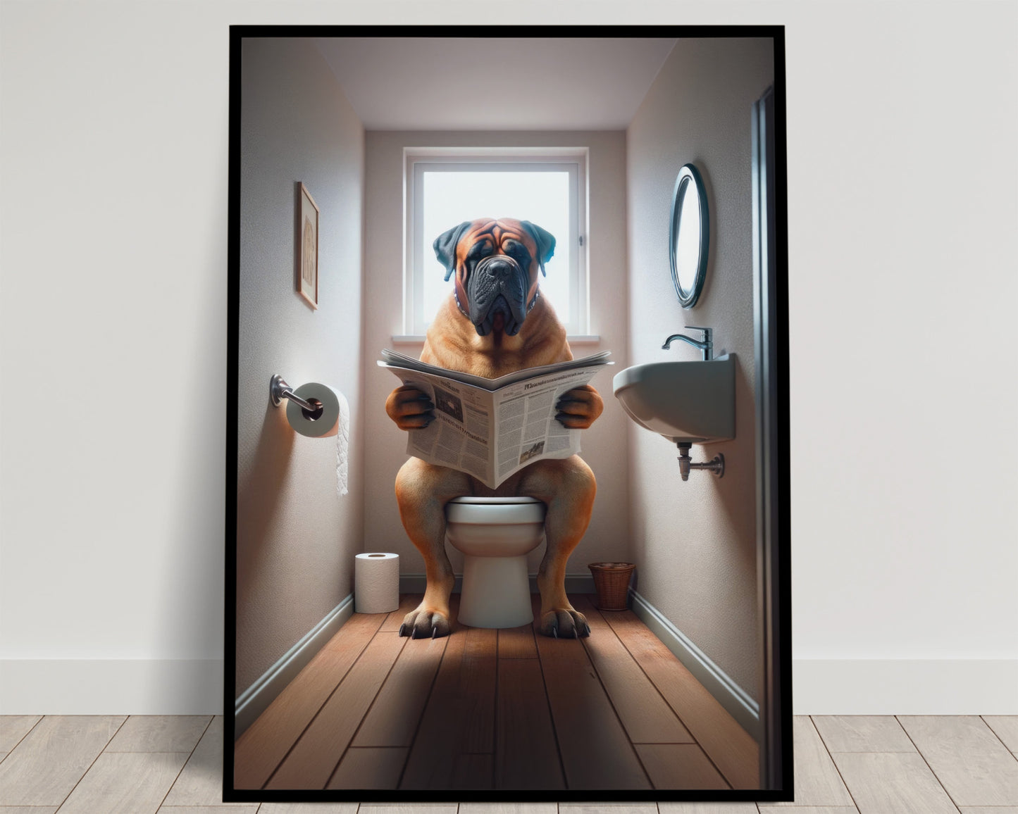 Bullmastiff Dog Reading Newspaper Poster – Funny Bathroom Wall Art, Gag Gift – WC Toilet Decor