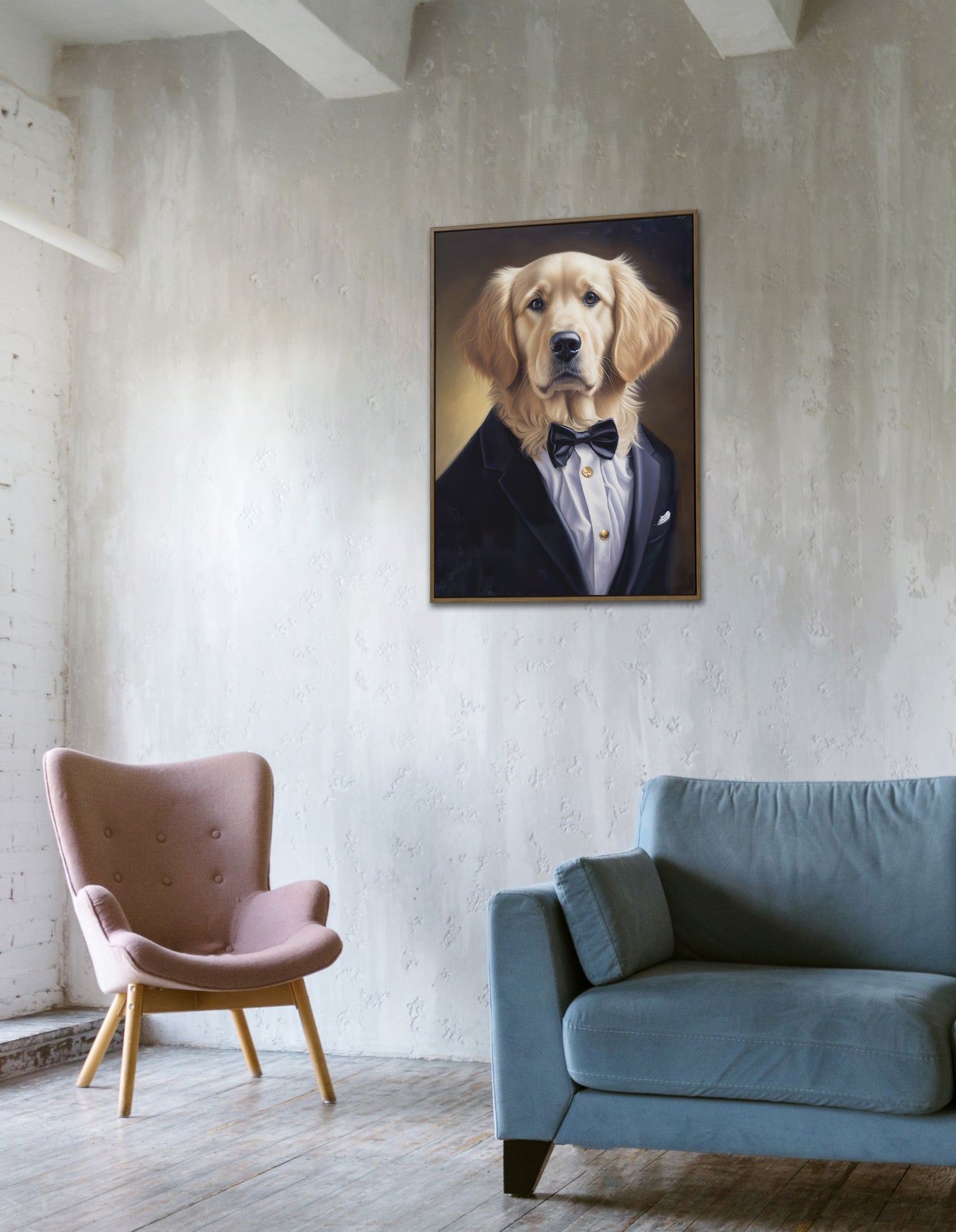 Affiche portrait Golden Retriever en smoking | Poster décoration murale animaux | Art mural élégant