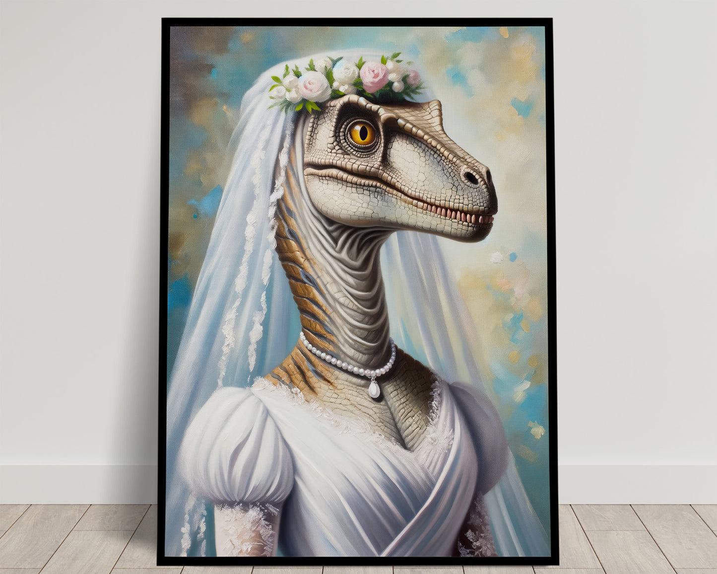 Portrait Vélociraptor en Robe de Mariée - Poster Dinosaure Décoration Murale Rigolote, Affiche Dino Mariage, Cadre Amusant