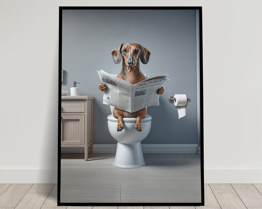 Funny Dachshund Reading Newspaper Poster - Unique Bathroom Wall Art - Perfect Gift for Toilet Decor