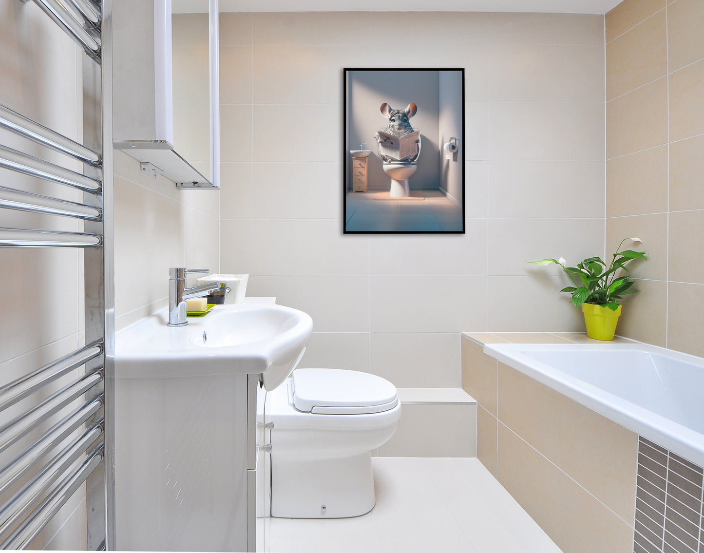 Poster Chinchilla lisant le journal aux toilettes, Décoration Humour WC, Salle de bain, Cadeau Fun, Art mural Toilettes