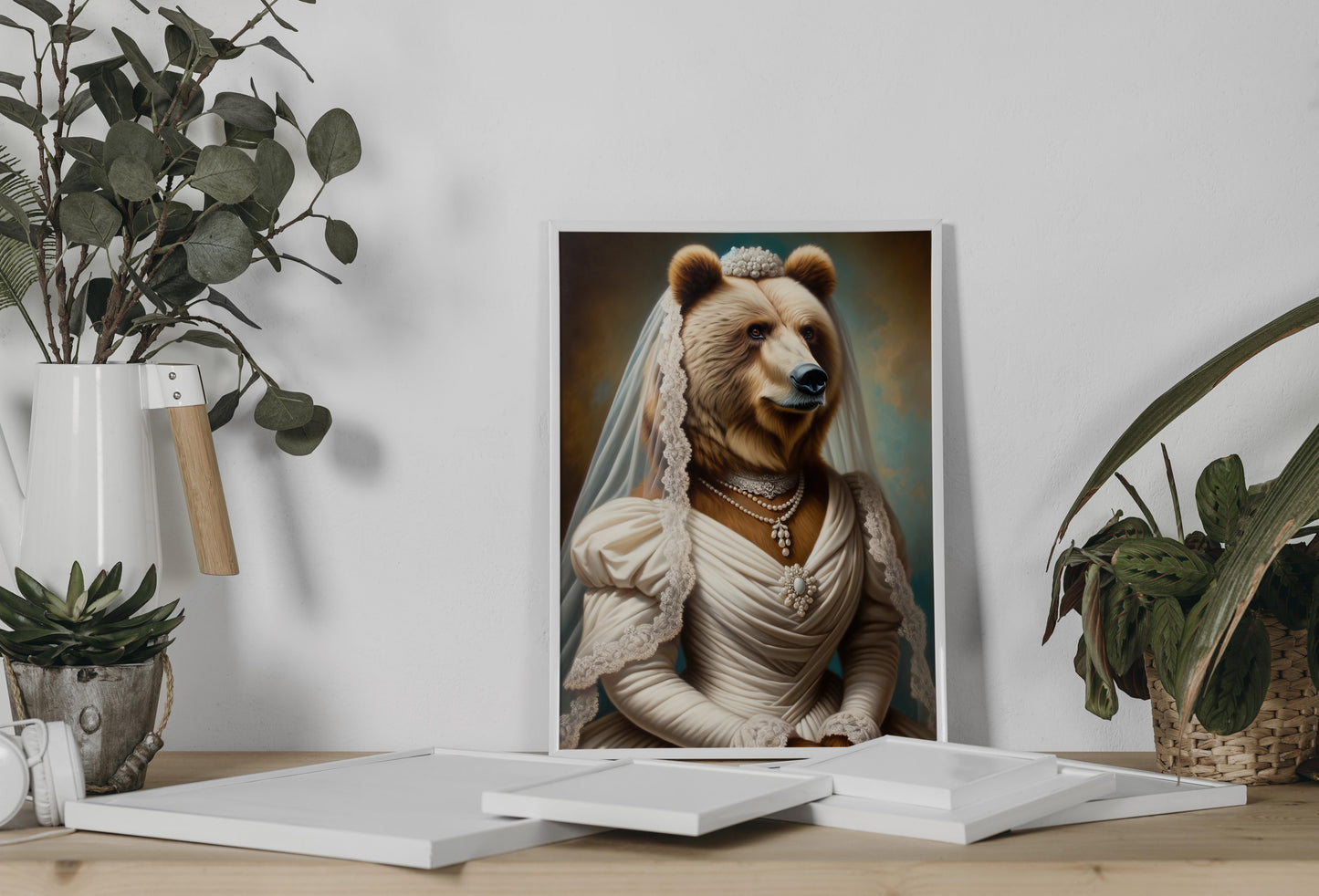 Brown Bear in Wedding Dress Poster – Funny Animal Wall Art, Unique Gift, Bride Decor, Cute Bear Artwork