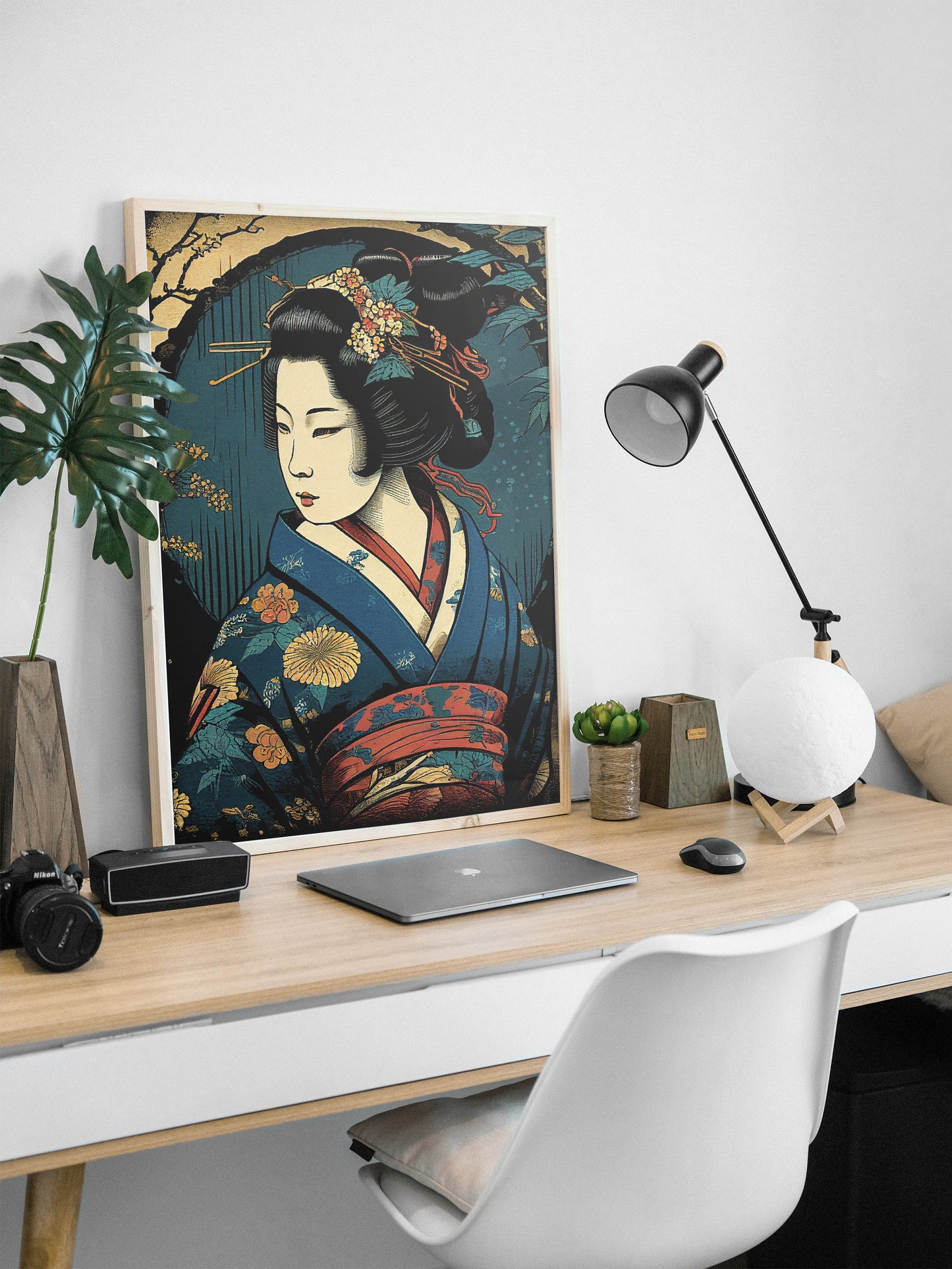 Poster Affiche Geisha au Kimono Bleu - Illustration Art Japonais, Décoration Murale Geiko Élégante