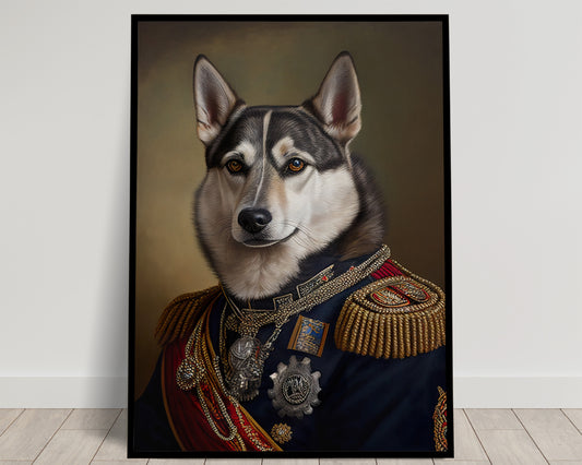 Poster Husky en Uniforme Militaire - Art Mural Drôle et Héroïque, Tableau Décoratif Chien