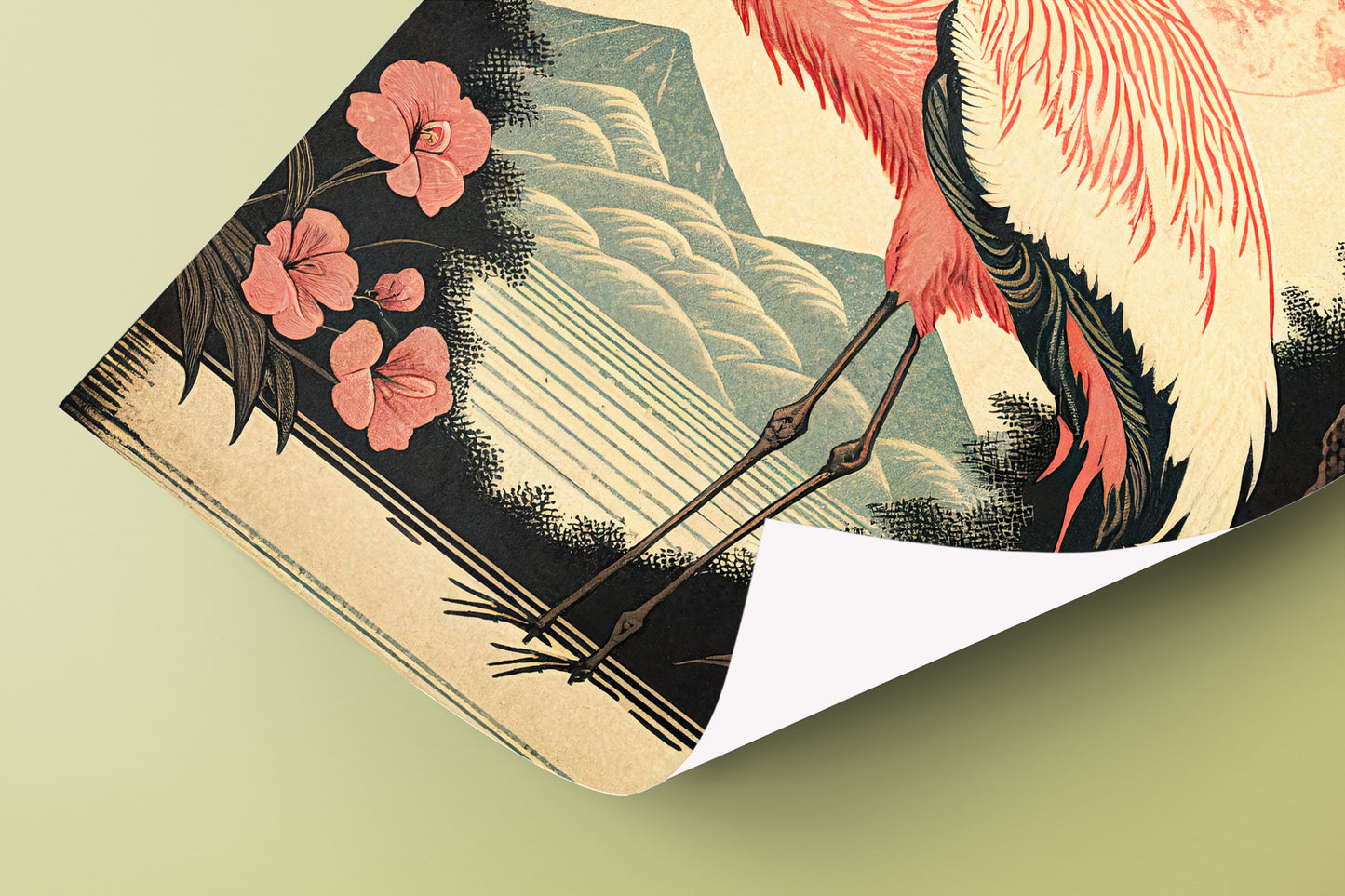 Poster Vintage Flamant Rose - Art Japonais Style Ukiyo-e, Impression Murale, Décoration Affiche Murale