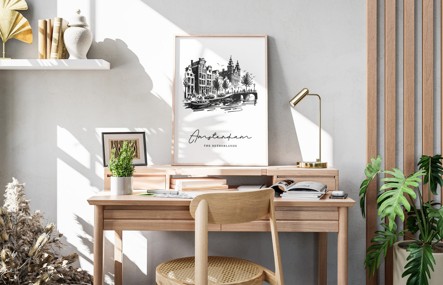 Poster des canaux d'Amsterdam - Art mural illustré pour salon, chambre et bureau, Idée cadeau chic et décoratif.