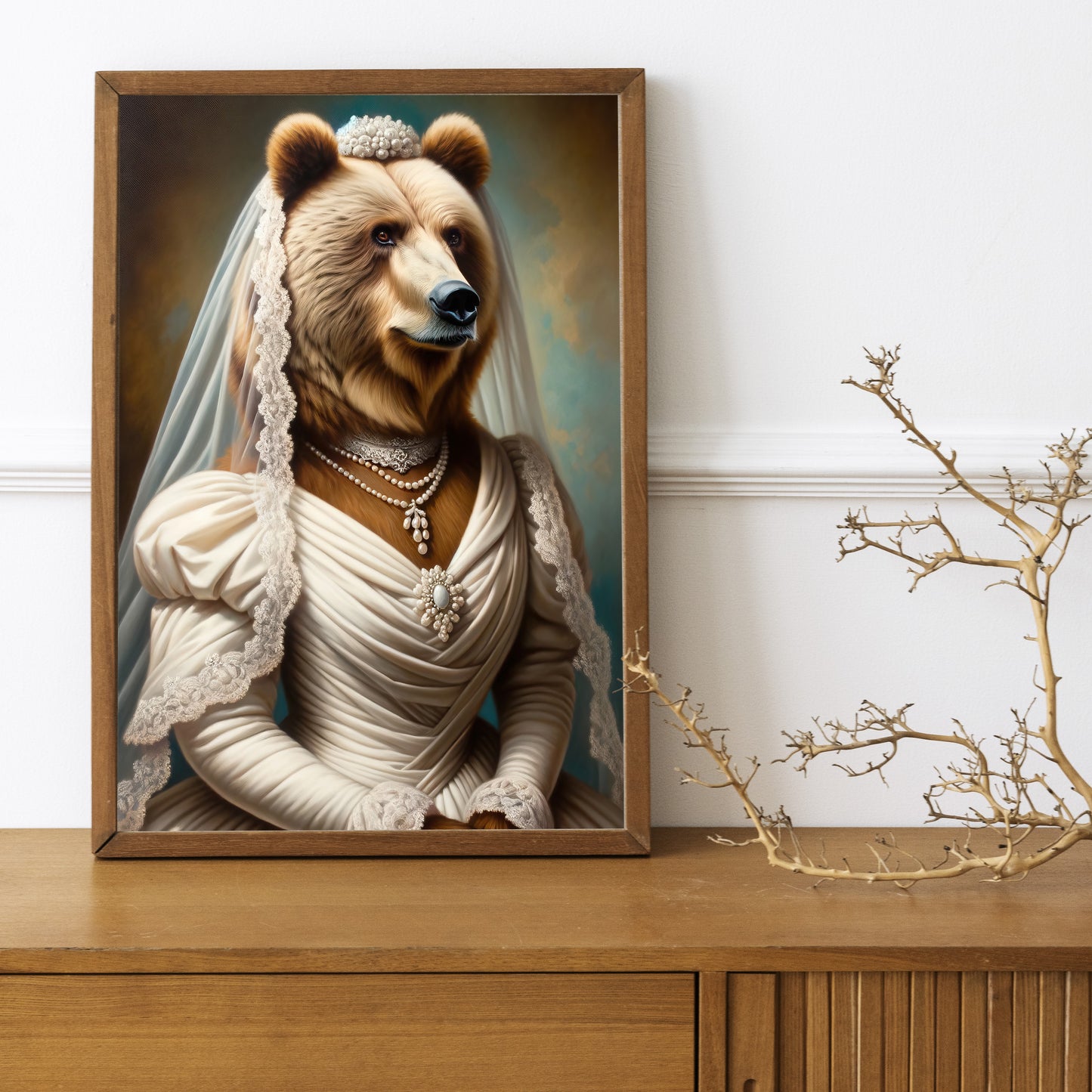 Brown Bear in Wedding Dress Poster – Funny Animal Wall Art, Unique Gift, Bride Decor, Cute Bear Artwork