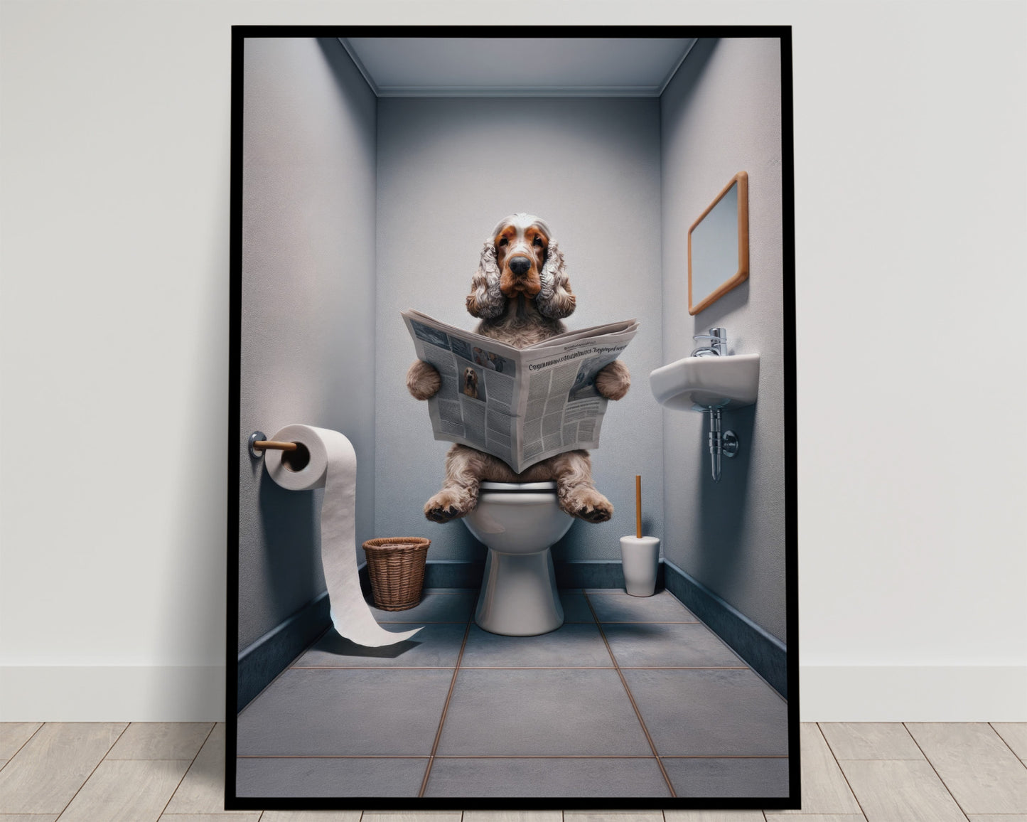 English Cocker Spaniel Reading Newspaper Poster - Fun Bathroom Decor, Gag Gift Wall Art for WC/Toilet