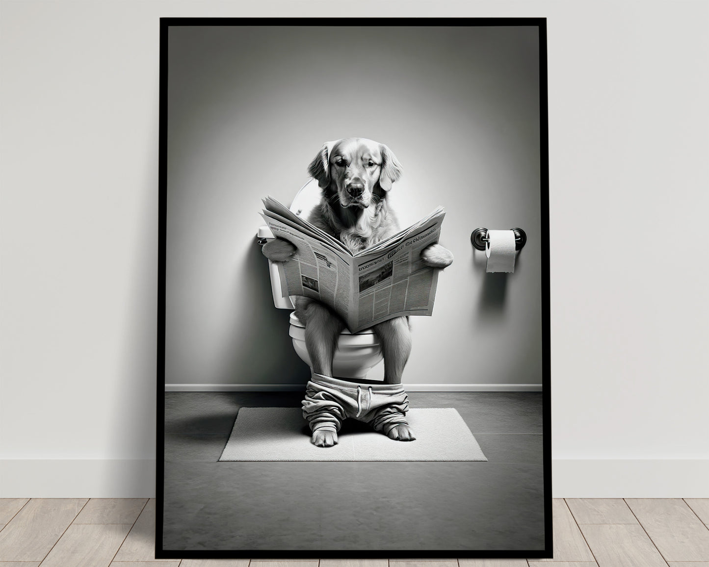 Golden Retriever Reading on Toilet - Fun Bathroom Decor Wall Art, Black and White WC Toilet Poster Gift