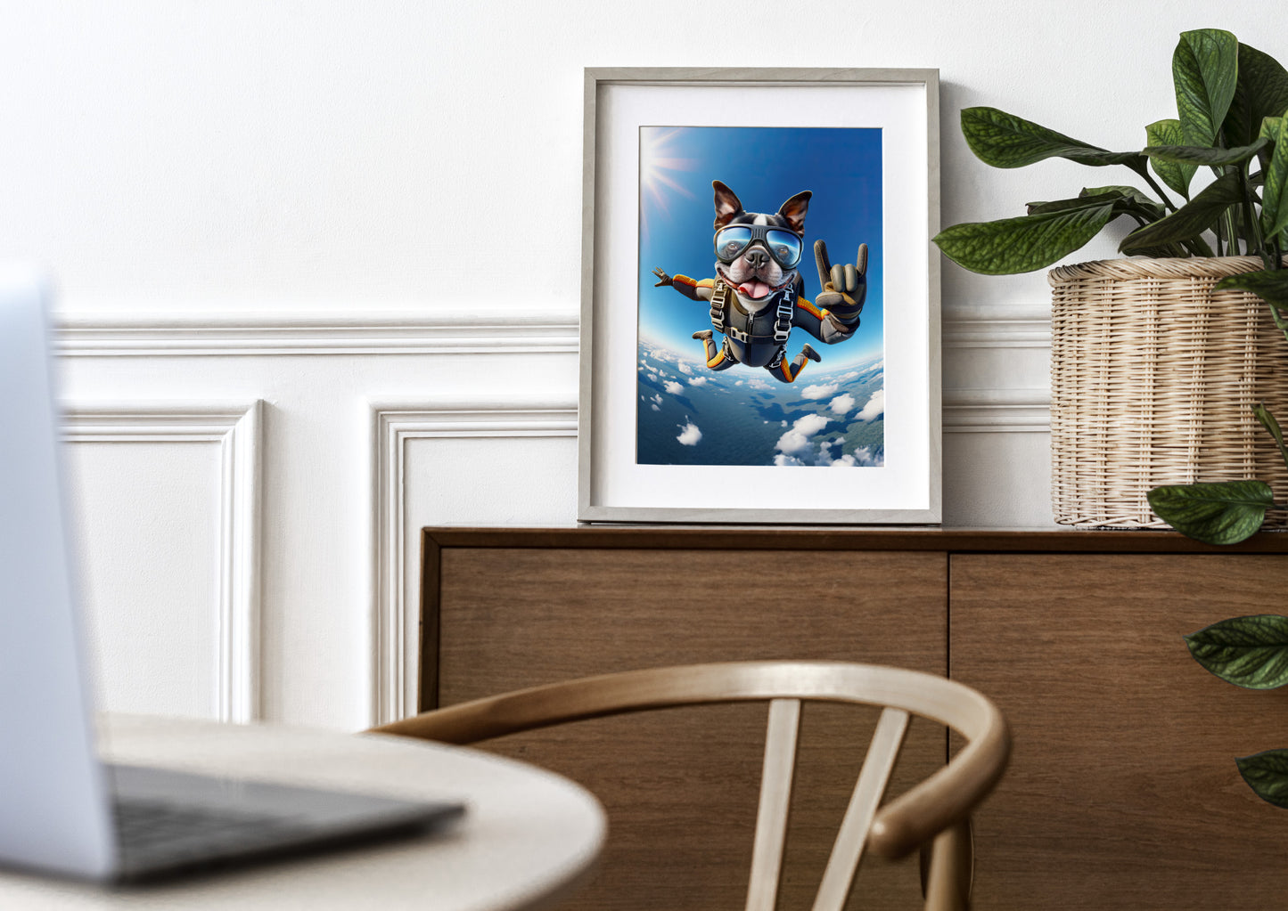 "Epic Skydiving Boston Terrier Poster - Unique Animal Print Wall Art for Dog Lovers - Extreme Sport Decor"