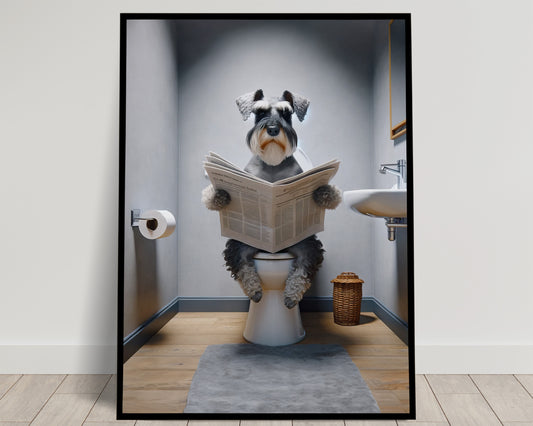 Funny Bathroom Poster - Miniature Schnauzer Reading Newspaper on Toilet - Unique Gag Gift - Humorous WC Wall Art Decor