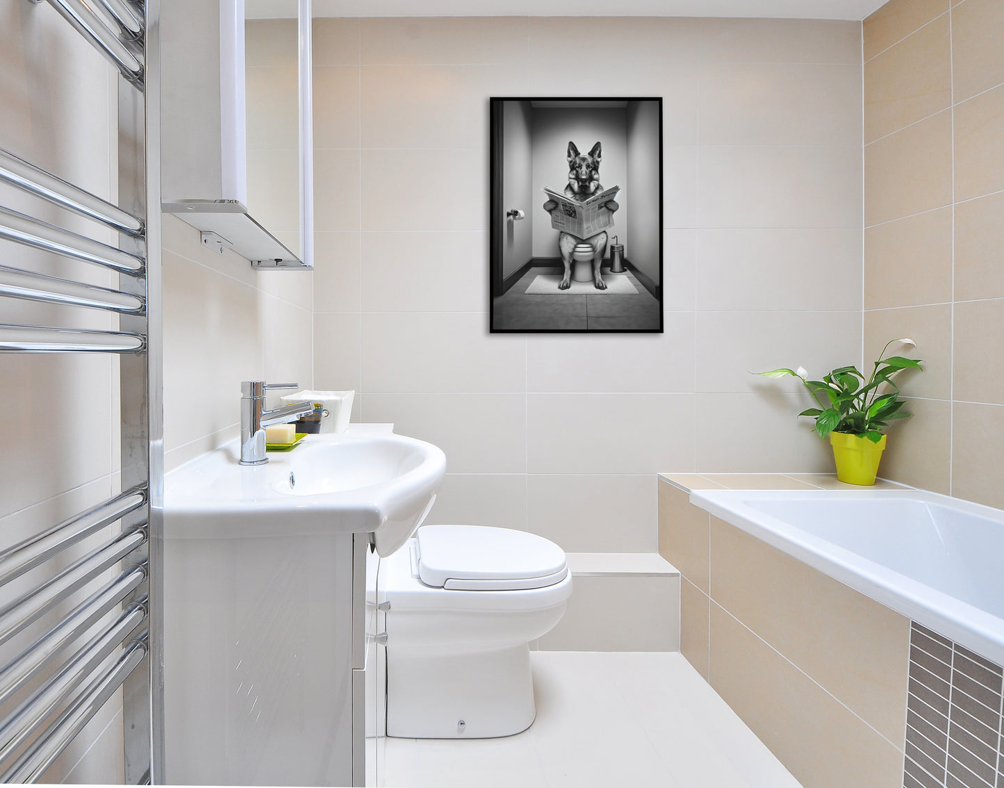 Poster Décoratif Humour WC Berger Allemand Lisant le Journal, Cadre Mural Salle de Bain, Cadeau Amusant Toilettes